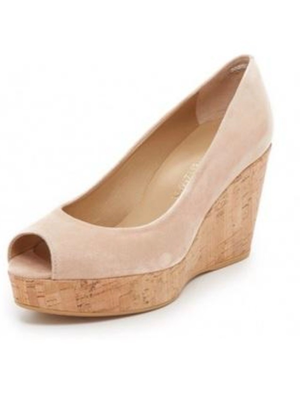 Stuart Weitzman Nude Suede Peep-Toe Cork Wedge
